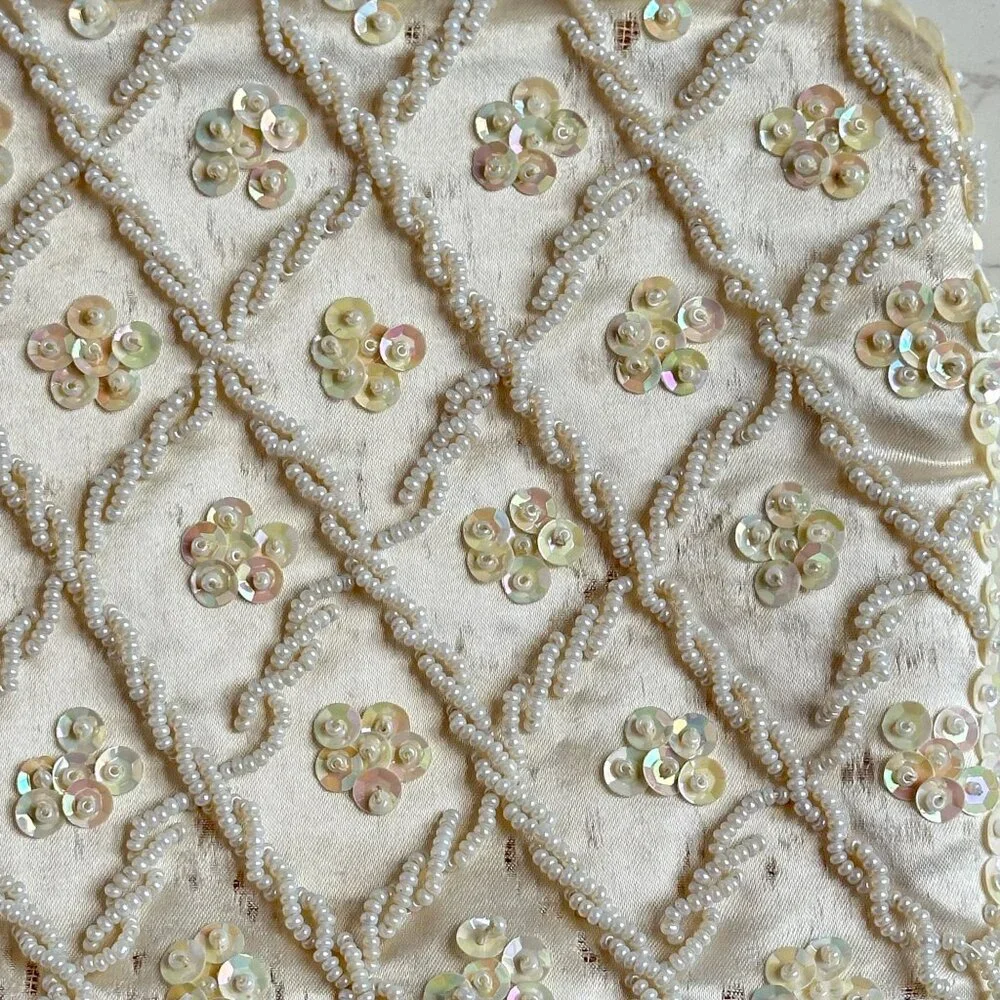 Vintage Cream Convertible Clutch Evening Bag With Sequins & Beads Hand Made - Picture 3 of 11